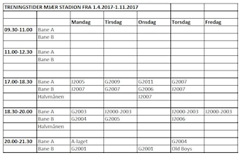 Treningstider 1. april  - 1. november 2017